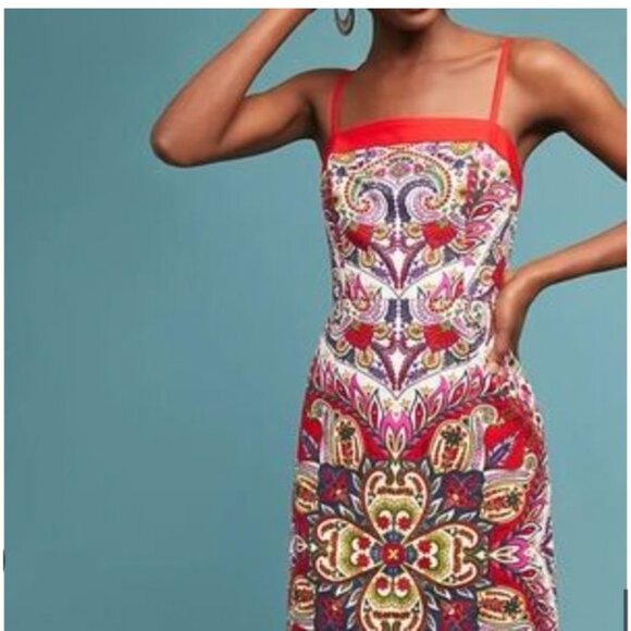 Maeve Anthropologie Dress Womens 4 Petite Red Multicolor Paisley Boho Strap Mini - Picture 1 of 4